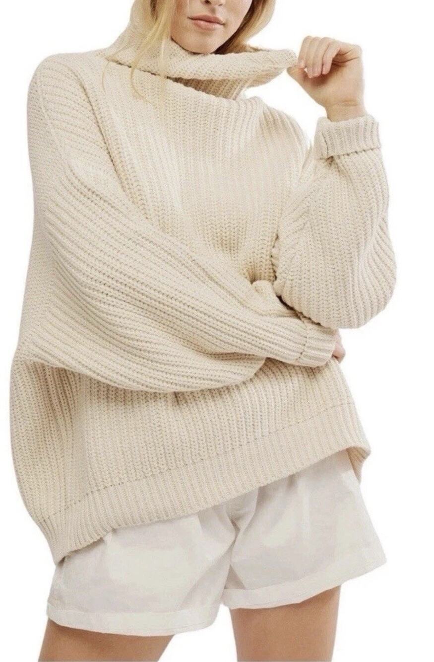 Free People Swim Too Deep Turtleneck Sweater Cream Ivory Chunky Knit Oversized M